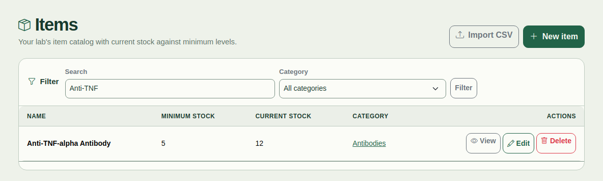 ScientivoLab-Artikelliste mit Mindestbestand, aktuellem Bestand, Kategorien und CSV-Import